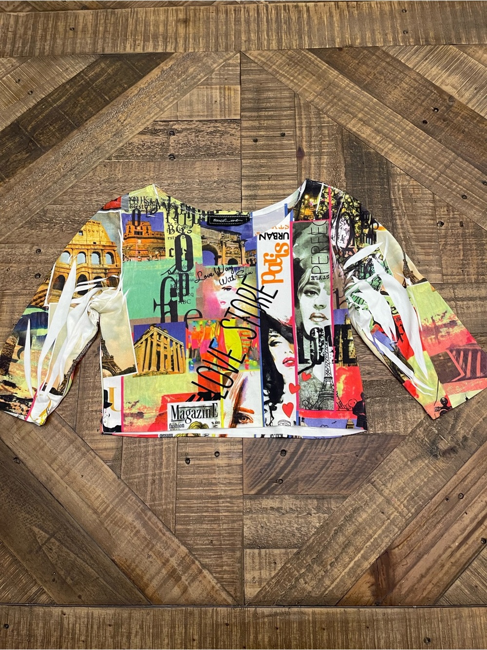Graphic Collage Long Sleeve Crop Top - Multicolor
